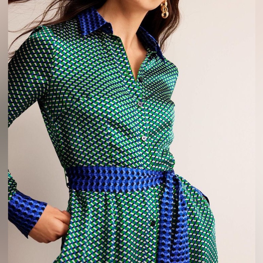Boden Green and Blue Geometric Midi Shirt Dress